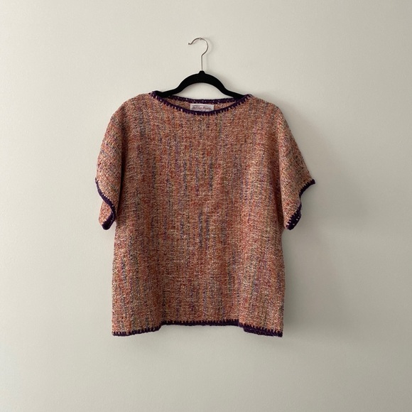 Village Weavery PEI Handmade Multicolour Woven Knit Short Sleeve Top Size Large - Picture 1 of 6